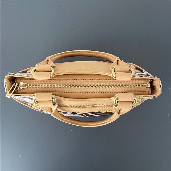 Cole Haan Tan Leather Retro Print Mini Handbag Boho Hippie Cottage Core Beachy - Picture 3 of 13